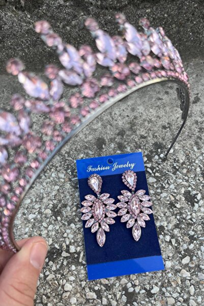 Hobigram Ivanna Pink Bridal Henna Crown Special Day Accessory Women's Crown and Thin Shuttle Earring Set