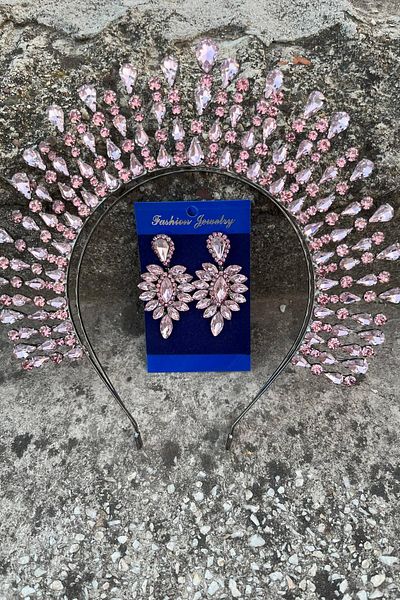 Hobigram Michaelle Pink Bridal Henna Crown Special Occasion Accessory Women's Crown and Thin Shuttle Earring Set