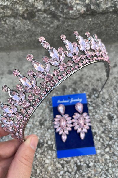 Hobigram Ivanna Pink Bridal Henna Crown Special Day Accessory Women's Crown and Thin Shuttle Earring Set