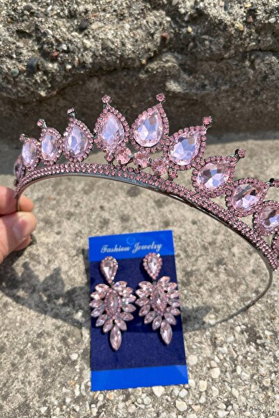 Hobigram Renata Pink Bridal Henna Crown Special Occasion Accessory Women's Crown and Thin Shuttle Earring Set