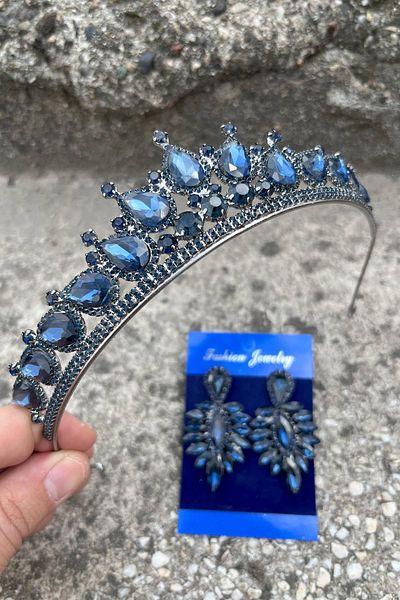 Hobigram Renata Navy Blue Bridal Henna Crown Special Occasion Accessory Women's Crown and Thin Shuttle Earring Set