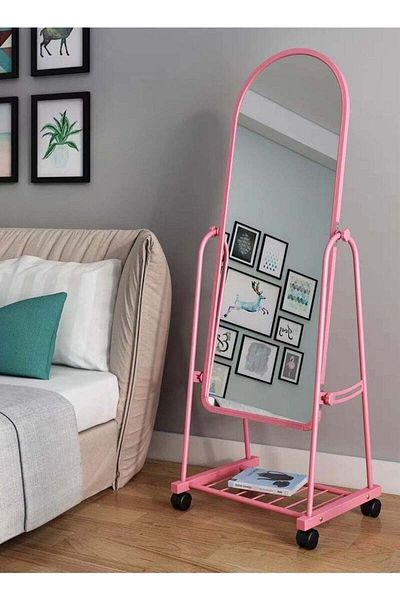 Generic Full Length Mirror with Stand and Adjustable Wheels 160x39cm Pink