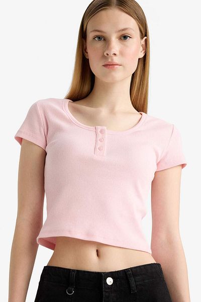 DeFacto Cool Fitted Round Neck Crop Twill Κοντομάνικο T-shirt F5185ax25sm