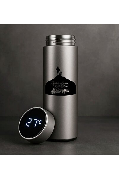 Bk Gift Kişiye Özel Babalar Günü Tasarımlı Filtreli Dijital Göstergeli Gümüş Çelik Termos-6, Babaya