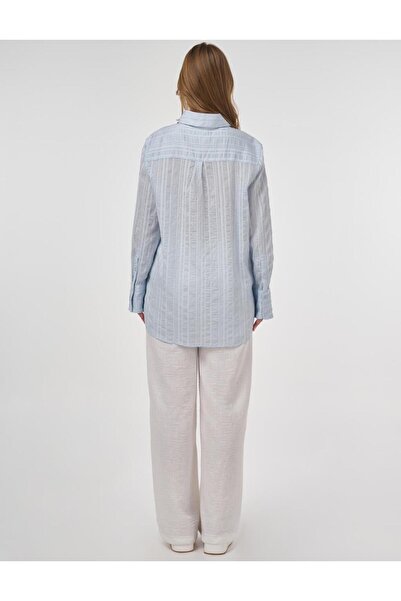 Kayra Çizgi Desen Lyocell Tunik Buz Mavisi