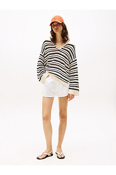 Tommy Hilfiger Kadın Yüksek Bel Kısa Boy Cep Detay Denim Kumaş Beyaz Şort WW0WW46504-YBR