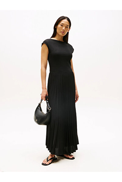 Tommy Hilfiger Kadın Bisiklet Yaka Uzun Pileli Dokuma Kumaş Rahat Kesim Siyah Elbise WW0WW44491-BDS