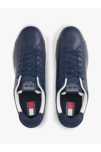 Tommy Hilfiger Erkek Düşük Bilekli Logo Bayraklı Deri Lacivert Sneaker EM0EM01596-C1G
