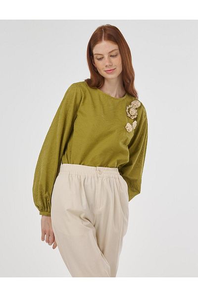 KYR Bluză din bumbac cu aplicații florale kaki