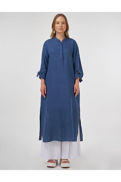 Kayra Judge Collar Linen Long Tunic Indigo
