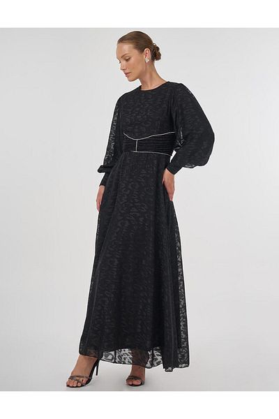 Kayra Drape Detailed Jacquard Dress Black