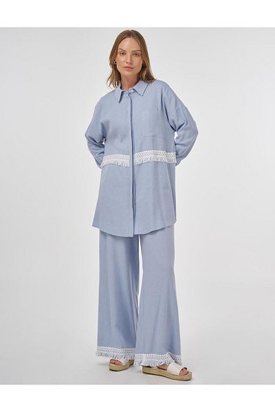 Kayra Lace Garnished Linen Viscose Double Suit Crown Blue