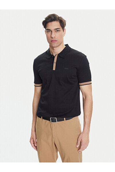 BOSS Erkek Polo Yaka Düğme Kapama Yaka Ve Kol Uçları Renk Detay Siyah Polo Ya...