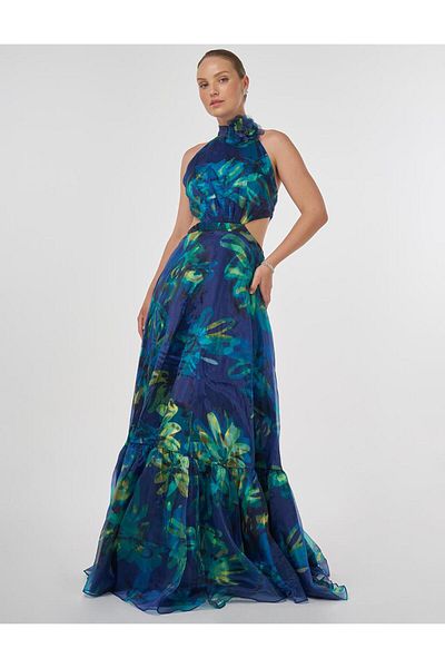 Kayra Abstract Pattern Ruffled Evening Dress Blue