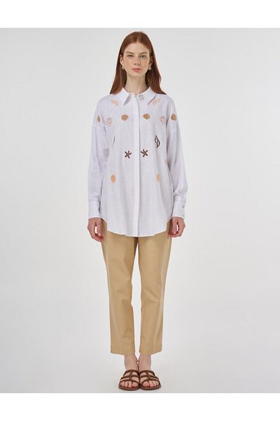 Kayra Embroidered Linen Viscose Tunic Optical White
