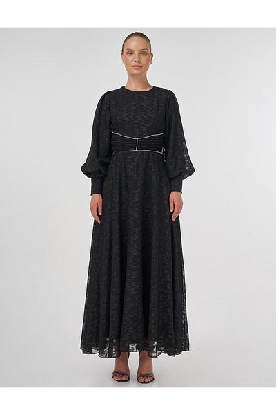 Kayra Drape Detailed Jacquard Dress Black