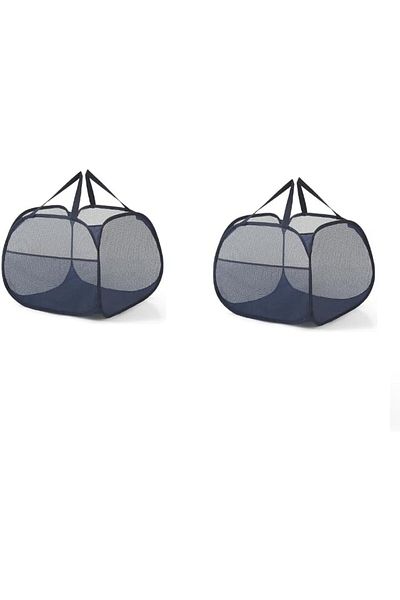 Saharaz 2-piece foldable laundry basket, mesh, portable, with side pockets, for clothing storage, dark blue