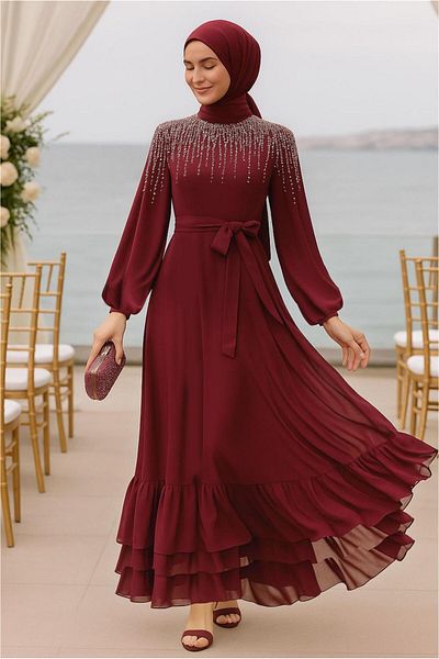 TRENDTESETTÜR Γυναικείο βραδινό φόρεμα με κέντημα με μαργαριτάρια μπορντό T 0812
