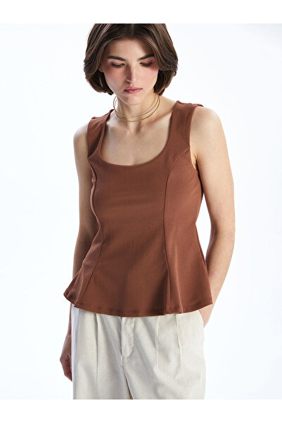 LC Waikiki Καφέ Μπλούζα Peplum με τετράγωνο γιακά