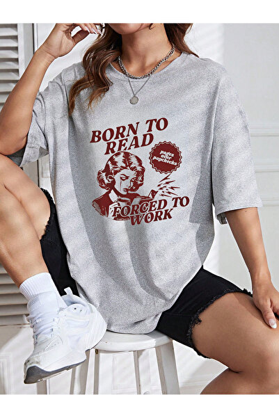coolart Tricou Born To Read - Tricou de vară supradimensionat cu imprimeu gri...