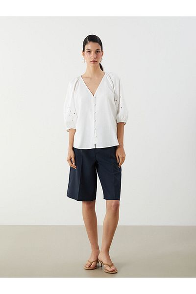 LC Waikiki V Neck Embroidered Balloon Sleeve Blouse