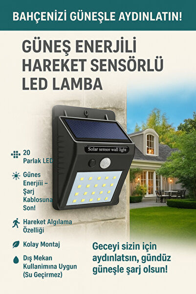 BLUE SİDE Güneş Enerjili Hareket Sensörlü 20 Ledli Duvar Lambası Aydınlatması...