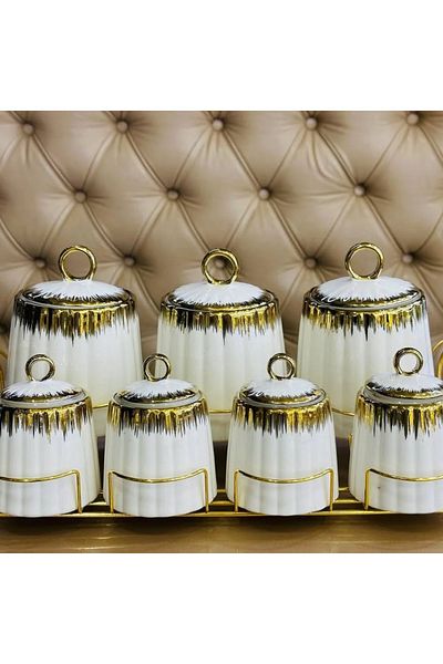 rexa 7-Piece Luxury Porcelain Spice Set – Gold Gilded Versace-Inspired White Storage Jars with Stand
