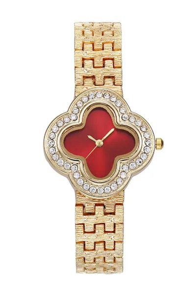 MACON Stainless Steel Red Clover Dial Crystal Watches Luxury For Women