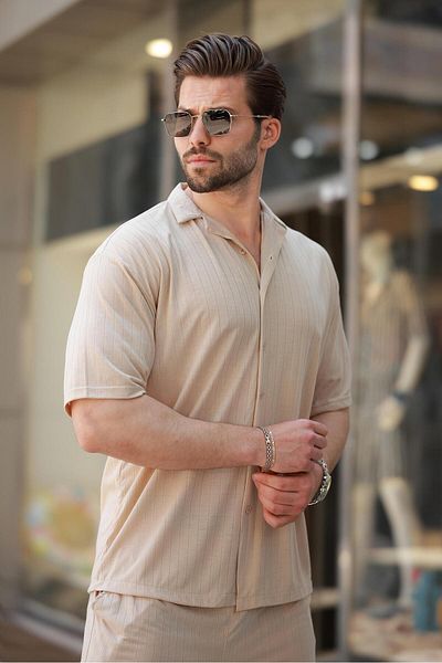 Madmext Beige Basic Men's Shirt Suit E7315