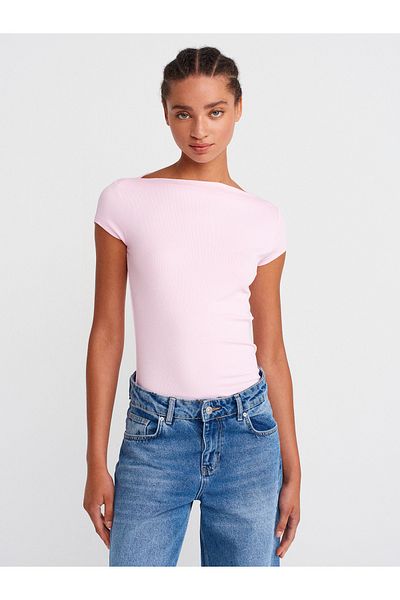 Dilvin 31855 Boat Neck T-Shirt-Light Pink