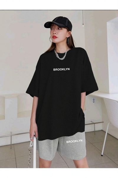 Mythologie Brooklyn Text T-Shirt Combed Cotton Shorts - Black Gray Shorts T-Shirt Set Printed Oversize Crew Neck
