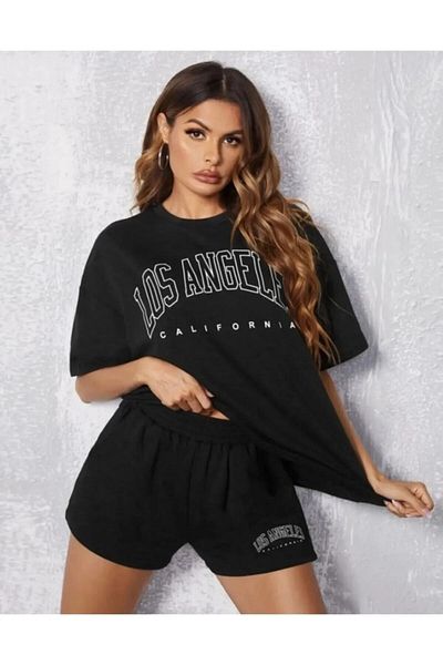 Mythologie Los Angeles T-shirt Combed Cotton Shorts - Black Bottom Top Set Printed Oversize Crew Neck