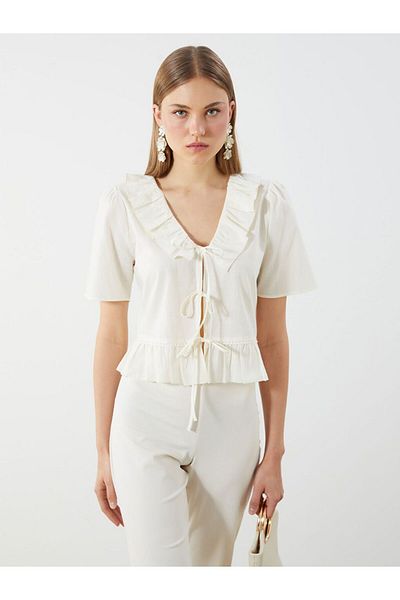 LC Waikiki Lcw Vision V Neck Front Bow Ruffle Crop Blouse