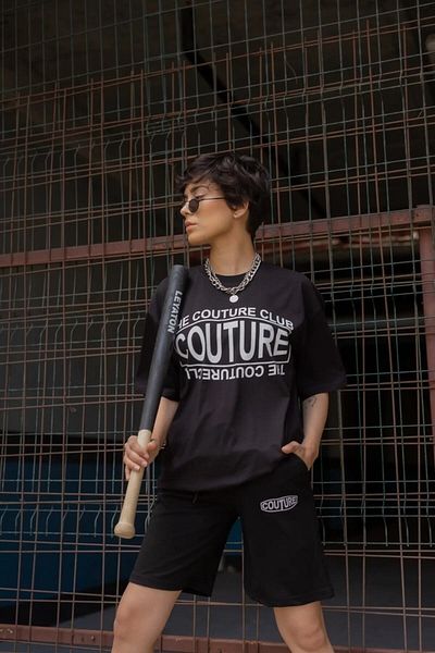 Mythologie Couture T-shirt Combed Cotton Shorts - Black Shorts T-Shirt Bottom Top Set Printed Oversize Crew Neck