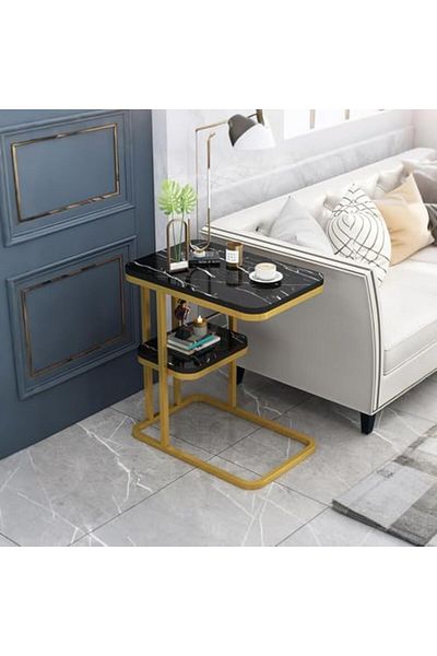 Generic MOZOGOT 2-Tier C Shaped End Table Sofa Side Table with Metal Frame, Gold Snack Couch Table for Small