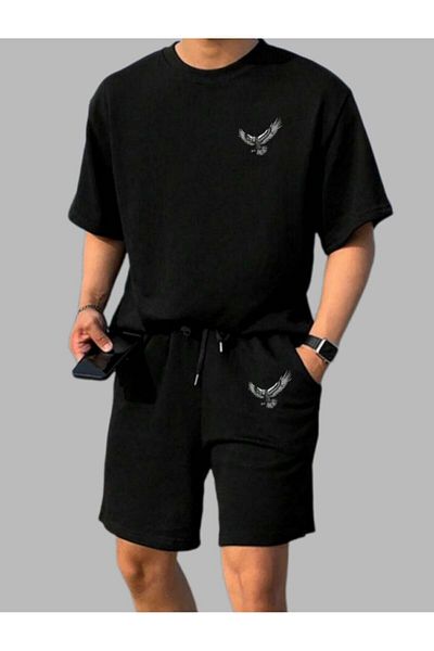 Mythologie Eagle Pattern T-Shirt Combed Cotton Shorts - Black Shorts T-Shirt Set Printed Oversize Crew Neck