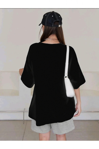 Trendglow Brooklyn Text T-Shirt Combed Cotton Shorts - Black Gray Shorts T-Shirt Set Printed Oversize Crew Neck