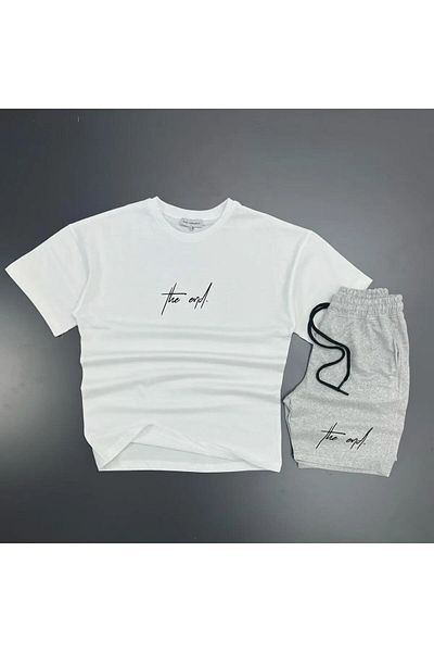Mythologie The End White T-shirt Gray Combed Cotton Shorts - Shorts T-Shirt Bottom Top Set Printed Oversize Crew Neck