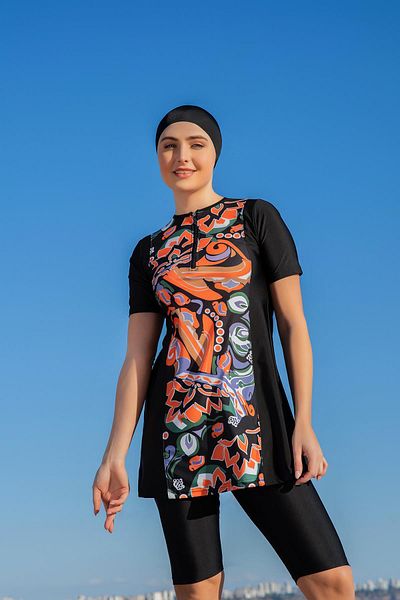 Ruko Maio Women's Short Sleeve Black Swimsuit with Tights – Colorful Ethnic Pattern Front Panel C3T2N2O52-3