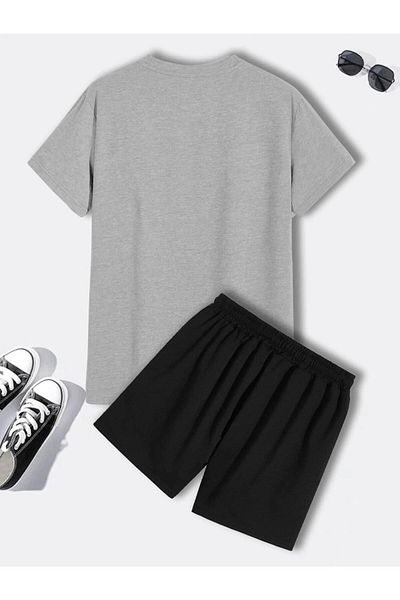 Mythologie Nevet Give Up Gray T-shirt Black Shorts - T-Shirt with Shorts Top and Bottom Set Printed Oversize Crew Neck