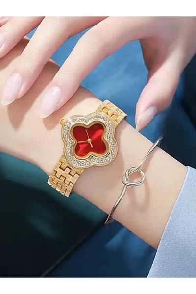 MACON Stainless Steel Red Clover Dial Crystal Watches Luxury For Women