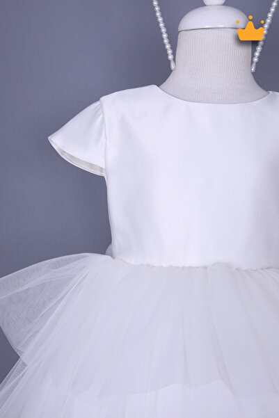 MİNİMONY 4-8 Yaş İnci Taçlı Katlı Tül Etekli Kız Çocuk Abiye Elbise Bayramlık Gelinlik Beyaz 6572