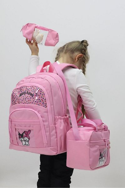 GENÇ 3-Piece School Set Girl's Bag Kuromi Patterned Orthopedic Lunch Pen Holder Gift Waterproof
