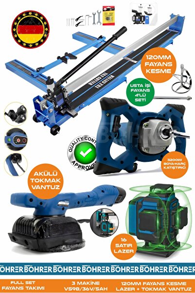 BÖHRER Alman Pro BA01077M 4'lü Usta Fayans Seti - 120mm Fayans Kesme + Tokmak...