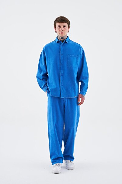 Machinist Men's Effected Washed Basic Long Sleeve Soft Blue Shirt