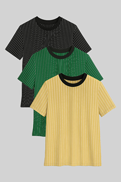 FATELLA Men's Striped Crew Neck 3-Piece Short Sleeve T-Shirt Black Green Beige