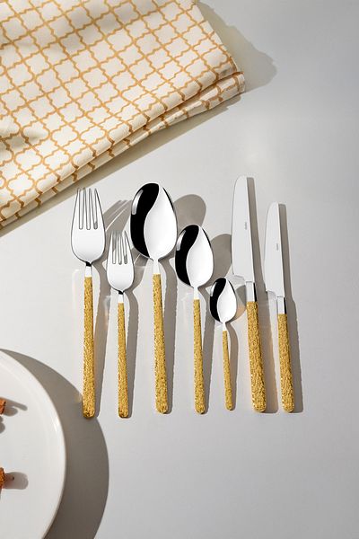 Nehir Lyon Gold Satin 12-Person 84-Piece Cutlery Set