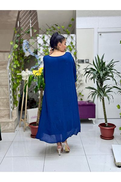 Punta Otantik Vl2110 Printed Half Sleeve Voile Dress Navy Blue