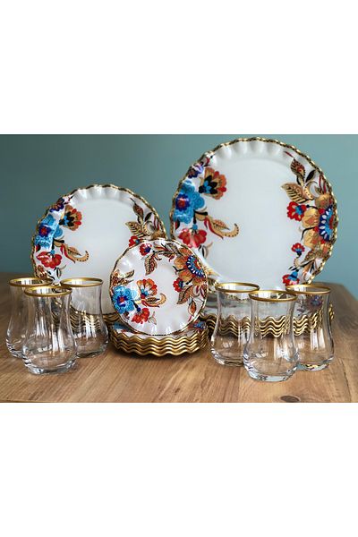 B&M White Flower Patterned Curved 24 Piece Breakfast Set