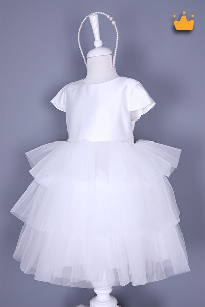 MİNİMONY 4-8 Yaş İnci Taçlı Katlı Tül Etekli Kız Çocuk Abiye Elbise Bayramlık Gelinlik Beyaz 6572
